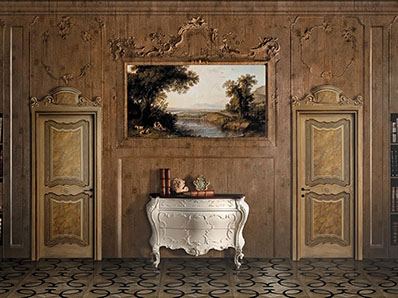 Reception room with carved wood panelling